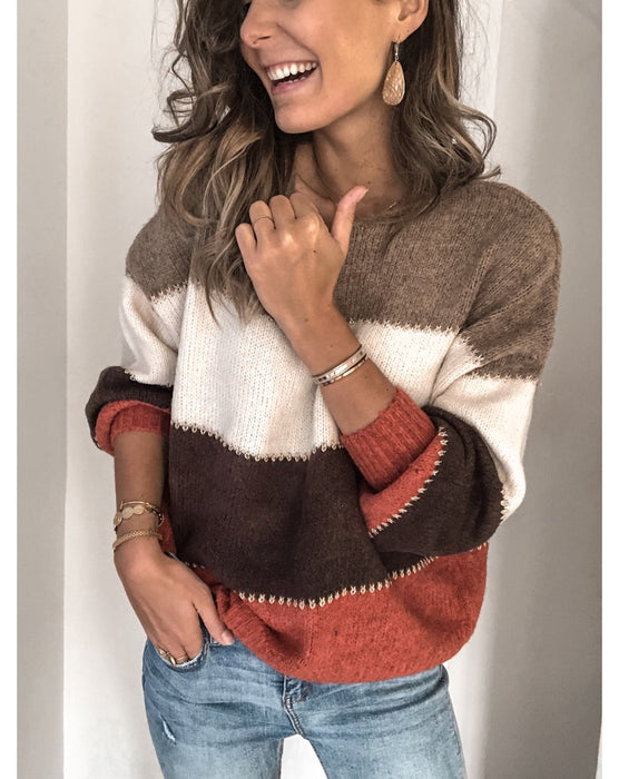 Color-Spring Sweater Color Blocking Round Neck Mid Length Loose Knitted Sweater-Fancey Boutique