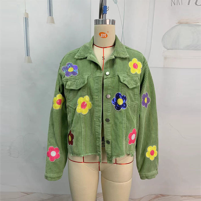 Color-Autumn Winter Corduroy Patchwork Sequined Jacket Top Women Varsity Jacket-Fancey Boutique