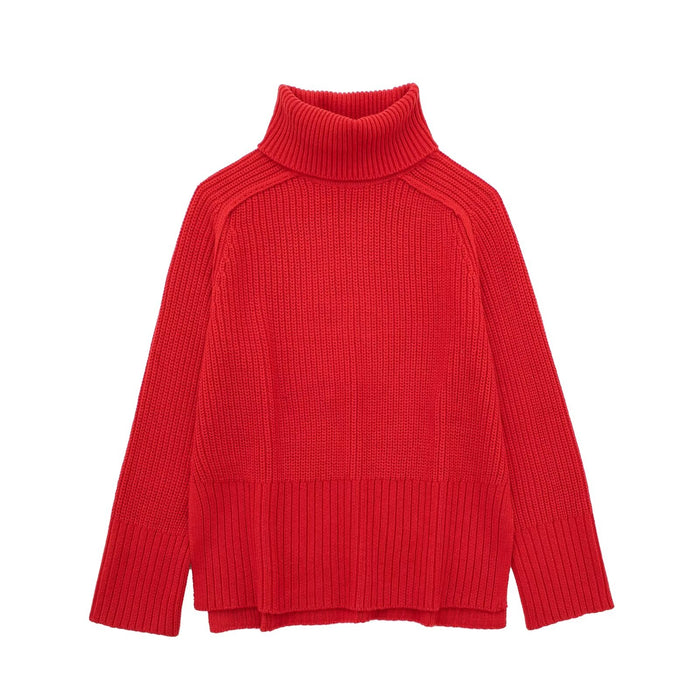 Color-Autumn Winter Red Stand Collar Loose All Match Simple Split Knitted Sweater Women-Fancey Boutique