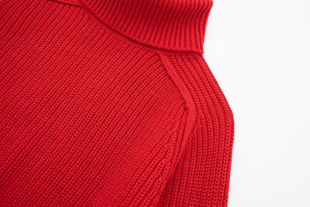 Color-Autumn Winter Red Stand Collar Loose All Match Simple Split Knitted Sweater Women-Fancey Boutique