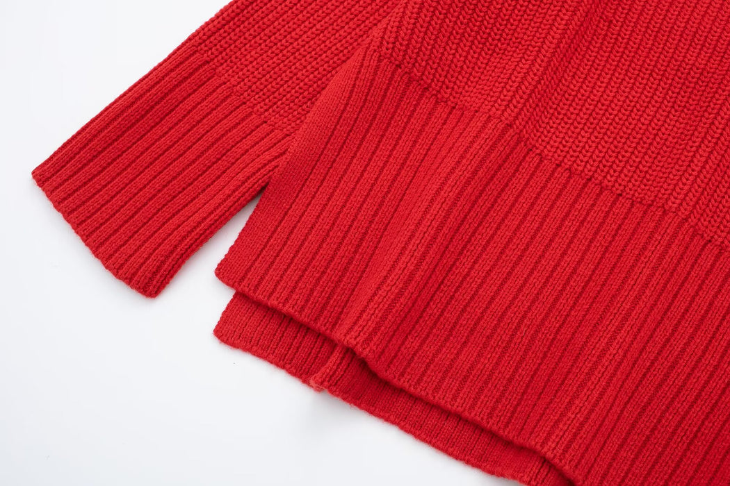 Color-Autumn Winter Red Stand Collar Loose All Match Simple Split Knitted Sweater Women-Fancey Boutique