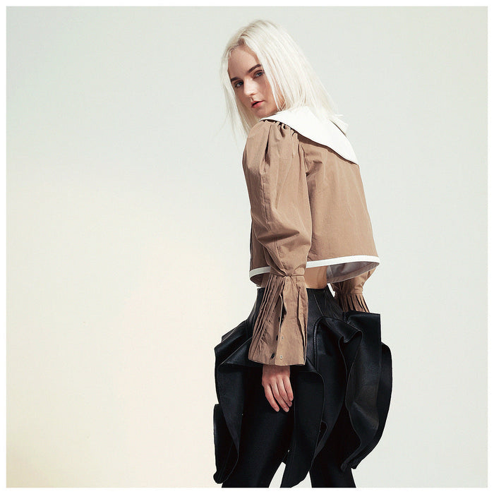 Color-Autumn Winter French Minority Design Asymmetric Color Effect Collar Gigot Sleeve Short Shirt Jacket-Fancey Boutique