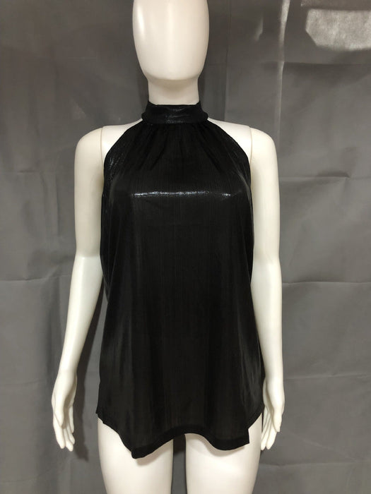 Color-Black-Double Silver Halter Zipper Sleeveless T shirt Casual Top-Fancey Boutique