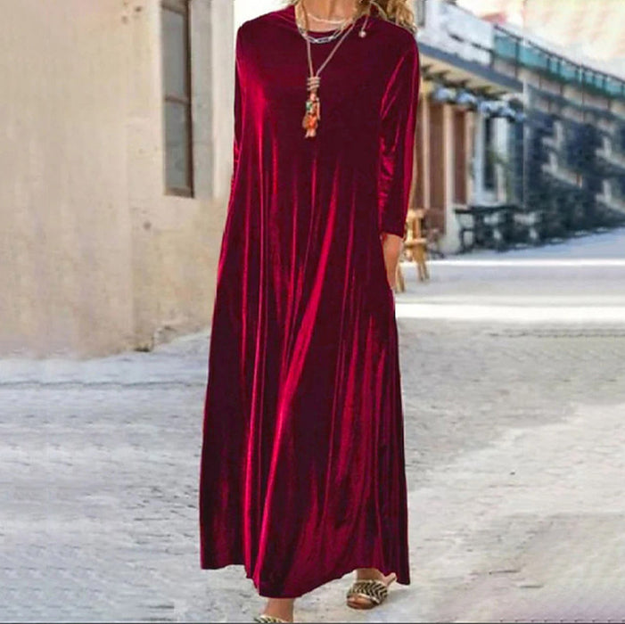 Color-Spring Gold Velvet Slimming Crew Neck Maxi Dress-Fancey Boutique