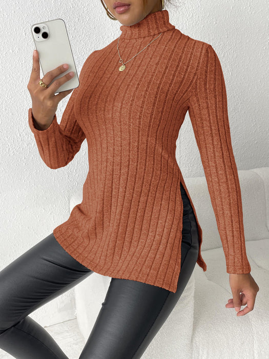 Color-Women Turtleneck Pullover Women Clothing Autumn Winter Slit Slim Fitting Bottoming Shirt Pit Striped Mid Length-Fancey Boutique