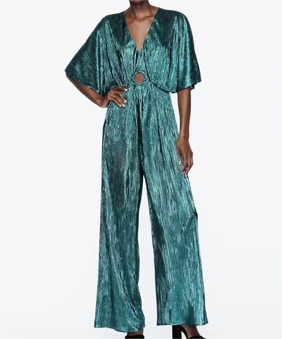 Color-Winter Metal Series Small Pleated Long Jumpsuit-Fancey Boutique