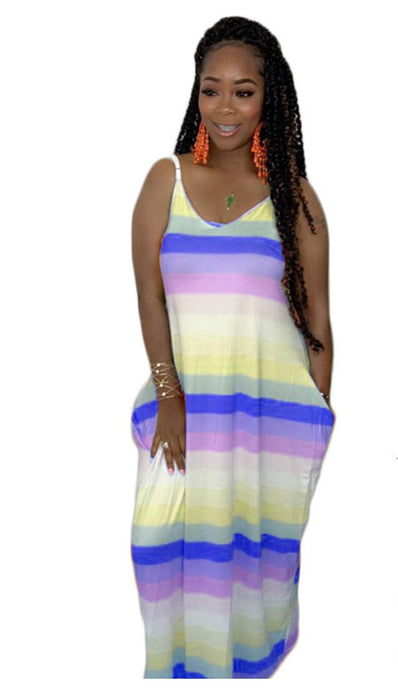 Color-Women Rainbow Colorful Stripes Loose Big Hem Maxi Dress-Fancey Boutique