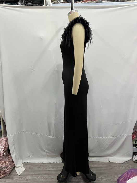 Color-One Shoulder Ostrich Feather Irregular Asymmetric Sleeveless Long Slit Women Bandage Dress-Fancey Boutique