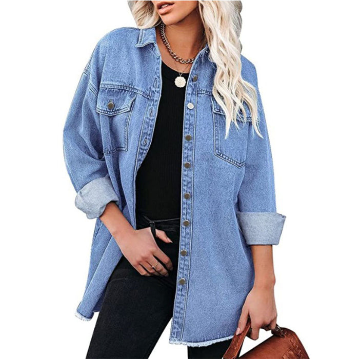 Color-Cotton Casual Polo Collar Pure Blue Idle Office Women Coat-Fancey Boutique