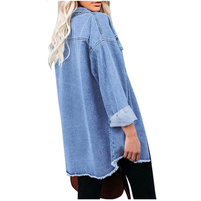 Color-Cotton Casual Polo Collar Pure Blue Idle Office Women Coat-Fancey Boutique