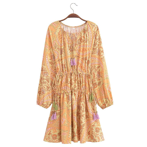 Color-Women Autumn Loose Rayon Washed Printed Tassel Dress-Fancey Boutique