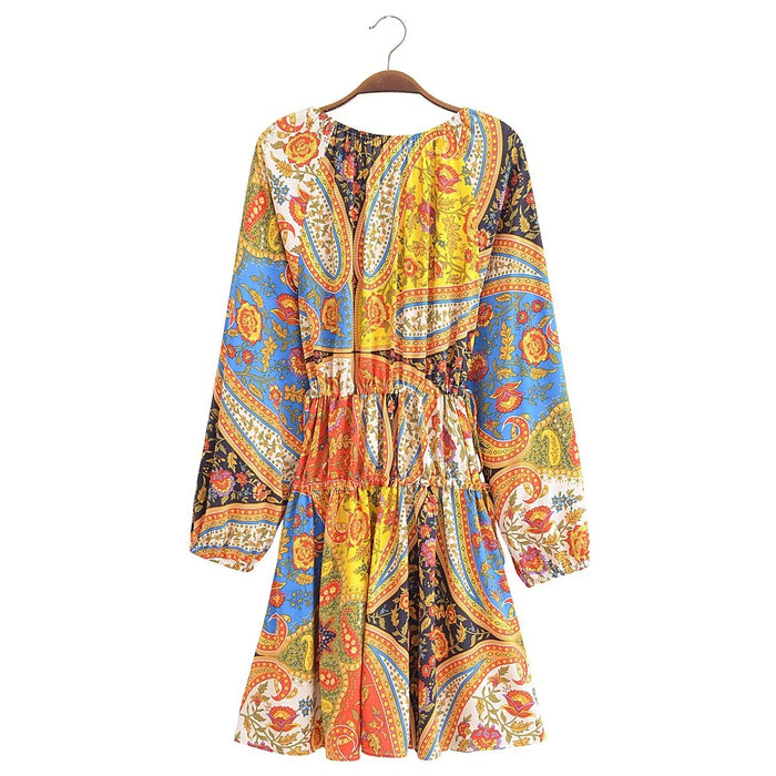 Color-Women Autumn Loose Rayon Washed Printed Tassel Dress-Fancey Boutique