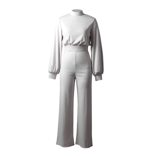Color-White-Solid Color Turtleneck Backless Long Sleeves Casual One piece Trousers-Fancey Boutique