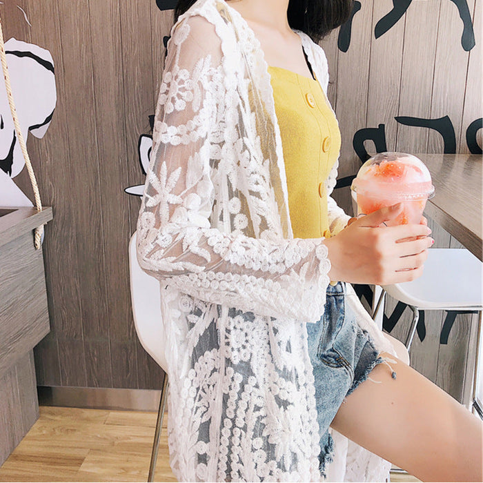 Color-Mesh Swimsuit See through Long Outer Match Sun Protection Clothing Lace Embroidered Cardigan Beach Bikini Beach Jacket Women-Fancey Boutique
