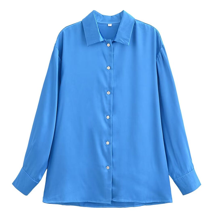 Color-Women Clothing French All-Match Solid Color Polo Collar Loose Casual Long Sleeves Shirt-Fancey Boutique