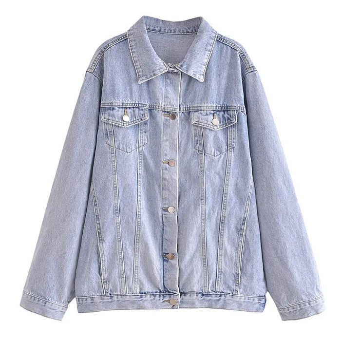 Color-Fall Women Clothing All Matching Loose Casual Collared Button Decoration Long Sleeve Denim Jacket-Fancey Boutique