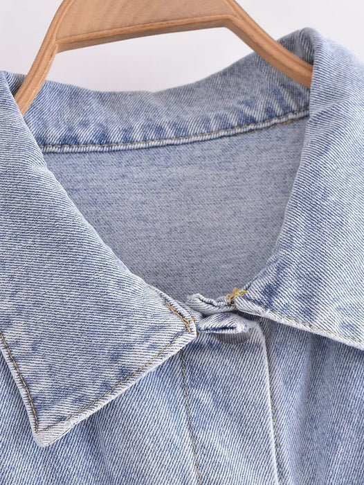 Color-Fall Women Clothing All Matching Loose Casual Collared Button Decoration Long Sleeve Denim Jacket-Fancey Boutique