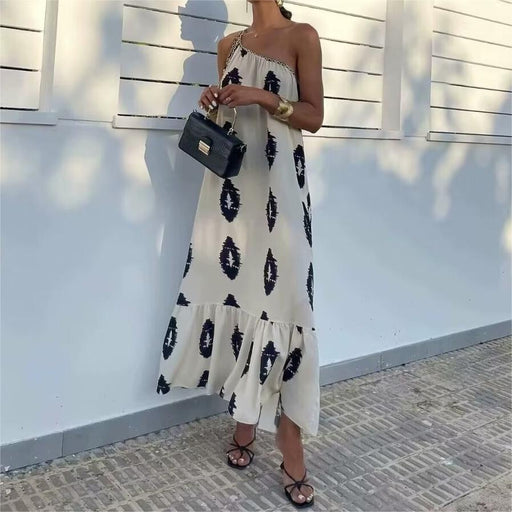 Color-French Minority One Shoulder Cold Shoulder Sexy Print Dress Autumn Winter Asymmetric Design High Waist A Line Slip Dress-Fancey Boutique