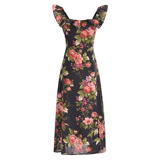 Color-Spring French Vintage Floral Ruffled Slim Waist Split Dress-Fancey Boutique