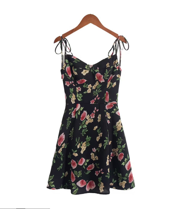 Color-【MOQ-5 packs】 French Floral Print Wooden Ear Sexy V Neck Strap Dress Women Blogger Cinched Short Dress-Fancey Boutique