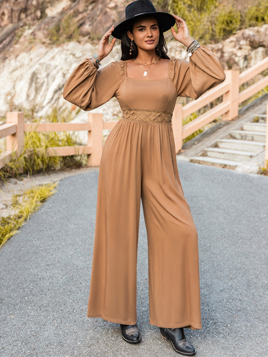 Color-Autumn Winter Women Long Sleeve Trousers Jumpsuit Wide Leg Pants V neck Solid Color-Fancey Boutique