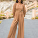 Color-Autumn Winter Women Long Sleeve Trousers Jumpsuit Wide Leg Pants V neck Solid Color-Fancey Boutique