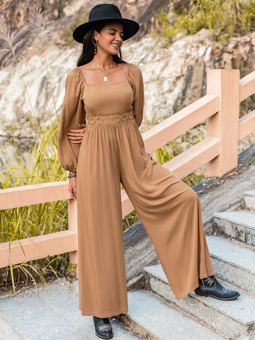 Color-Autumn Winter Women Long Sleeve Trousers Jumpsuit Wide Leg Pants V neck Solid Color-Fancey Boutique