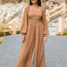 Color-Autumn Winter Women Long Sleeve Trousers Jumpsuit Wide Leg Pants V neck Solid Color-Fancey Boutique