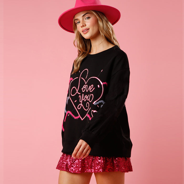Color-Spring Valentine Day Love Sequin Sweater Women Loose Round Neck Knitted Top-Fancey Boutique