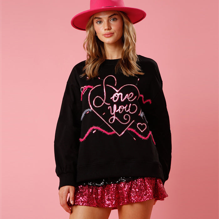 Color-Spring Valentine Day Love Sequin Sweater Women Loose Round Neck Knitted Top-Fancey Boutique