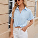 Color-Spring Summer Solid Color Polo Collar Short Sleeved Shirt Button Loose Chiffon Shirt-Fancey Boutique