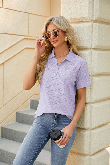 Color-Spring Summer Solid Color Polo Collar Pocket Short Sleeve T shirt Loose Top for Women-Fancey Boutique