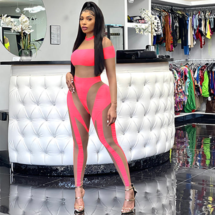 Color-Sexy Nightclub Skinny Mesh Sheer Long Sleeve Trousers Jumpsuit Women Clothing-Fancey Boutique