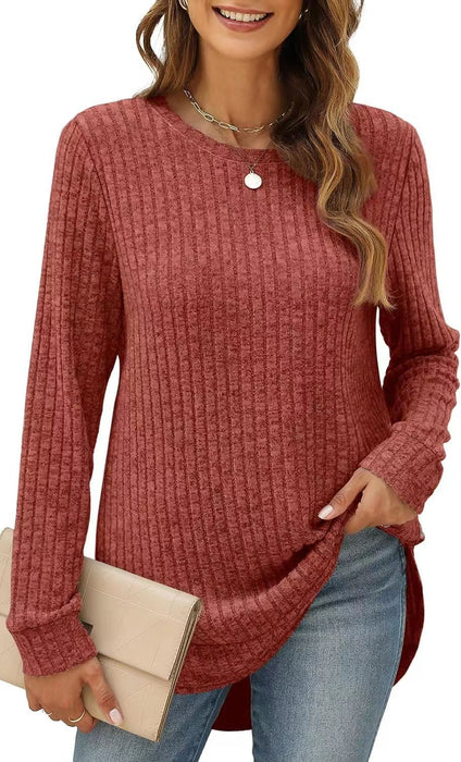 Color-Autumn Winter Solid Color Round Neck Long Sleeve Brushed Loose Fitting T Shirt Top Women-Fancey Boutique