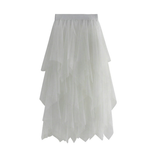 Color-White-Irregular Asymmetric Mesh Skirt Women Mid Length Spring Gauze Skirt High Waist All Matching Slimming Skirt-Fancey Boutique