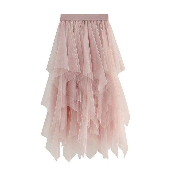 Color-Pink-Autumn Clothing High Waist Super Fairy Slimming Bud Irregular Asymmetric Mesh Skirt Women-Fancey Boutique