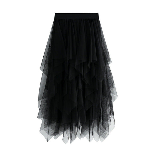 Color-Black-Irregular Asymmetric Mesh Skirt Women Mid Length Spring Gauze Skirt High Waist All Matching Slimming Skirt-Fancey Boutique