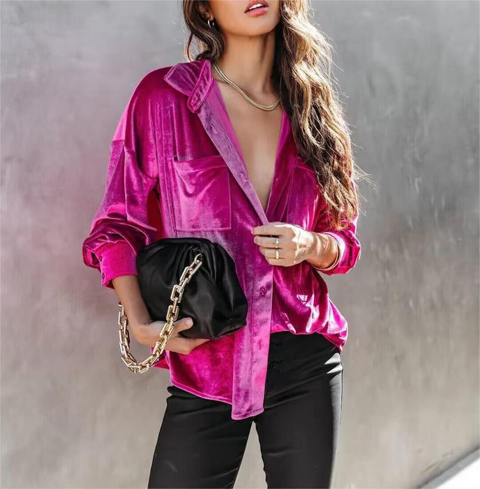 Color-Fall Women Clothing Casual Single Breasted Loose Long Sleeve Velvet Shirt-Fancey Boutique