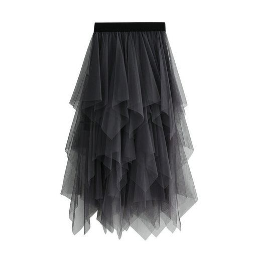 Color-Gray-Irregular Asymmetric Mesh Skirt Women Mid Length Spring Gauze Skirt High Waist All Matching Slimming Skirt-Fancey Boutique