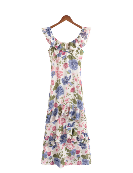 Color-French Elegant Vintage Floral Ruffled Maxi Dress Cami Dress Summer Slim Fit Seaside Vacation Elegant Dress for Women-Fancey Boutique