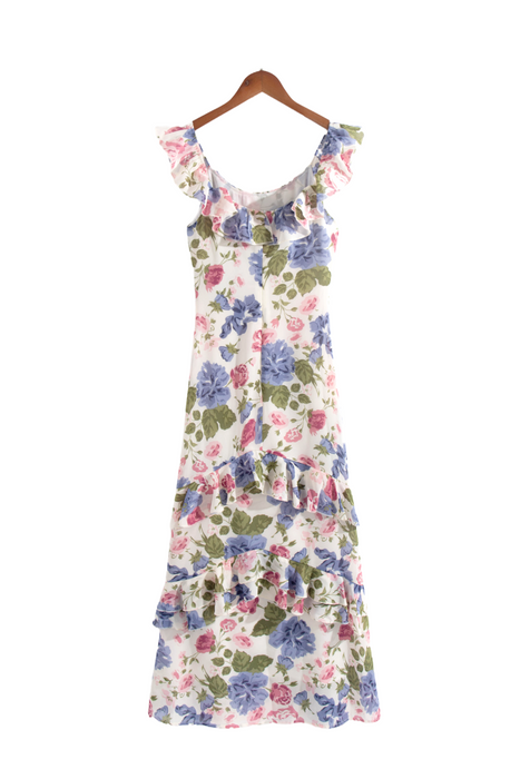 Color-French Elegant Vintage Floral Ruffled Maxi Dress Cami Dress Summer Slim Fit Seaside Vacation Elegant Dress for Women-Fancey Boutique