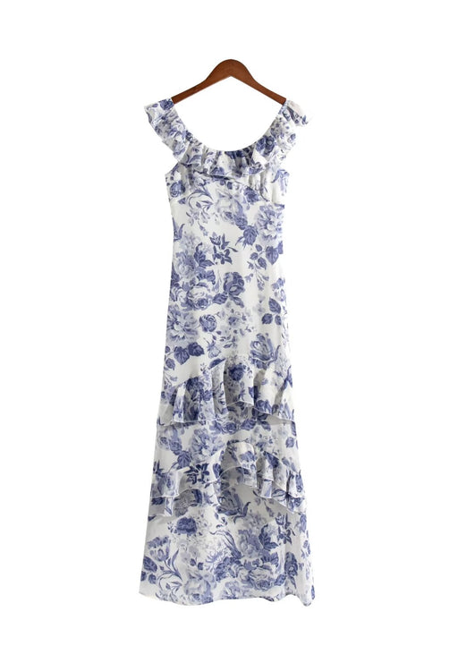 Color-Spring Summer French Elegant Classical Printing Slip Dress Women Ruffled U Neck Maxi Dress-Fancey Boutique