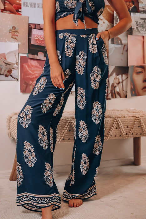 Color-Women Clothing Two Piece Bow Tank Top Printed Wide Leg Pants Thin Casual Pants-Fancey Boutique