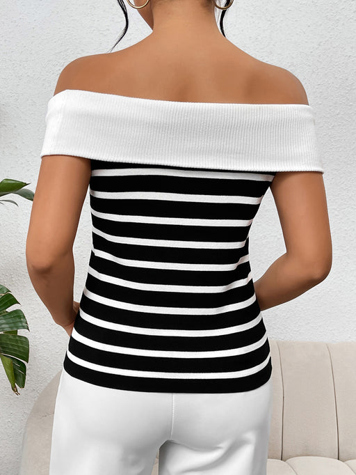 Color-Spring Summer Women Clothing Long Sleeve Striped Off Shoulder Off Shoulder Pullover Women Knitwear-Fancey Boutique