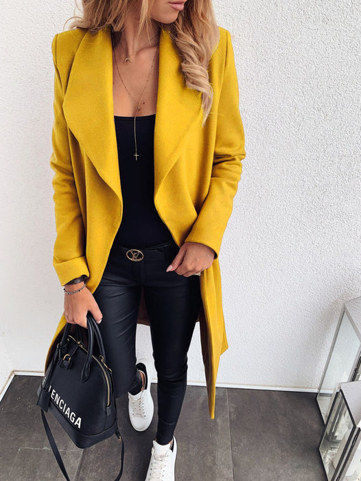 Color-Yellow-Popular Solid Color Polo Collar Mid-length Lace-up Woolen Coat Trench Coat For Women-Fancey Boutique