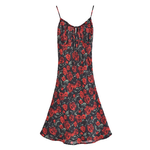 Color-Women Rose Jacquard Printed Slim Waist Mini Strap Dress-Fancey Boutique