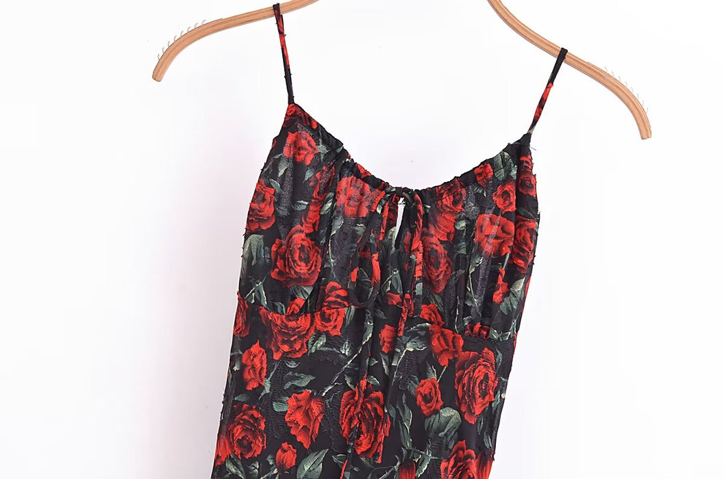 Color-Women Rose Jacquard Printed Slim Waist Mini Strap Dress-Fancey Boutique