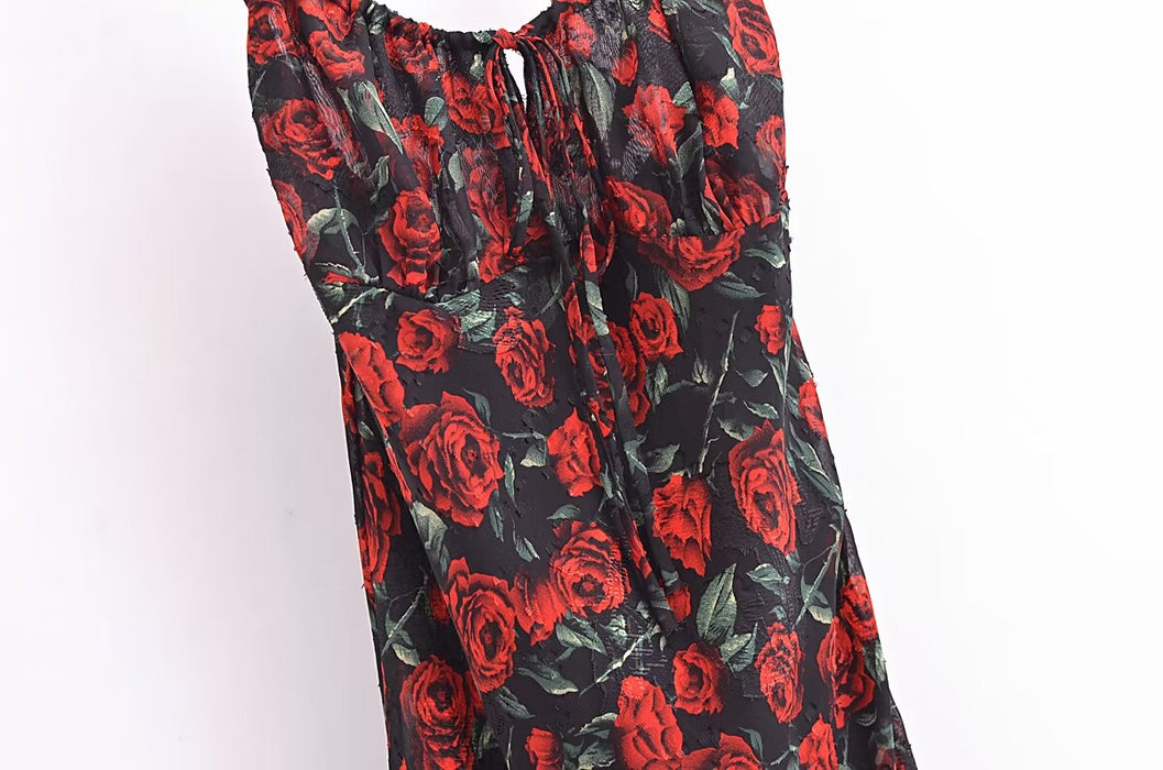 Color-Women Rose Jacquard Printed Slim Waist Fishtail Cami Dress-Fancey Boutique