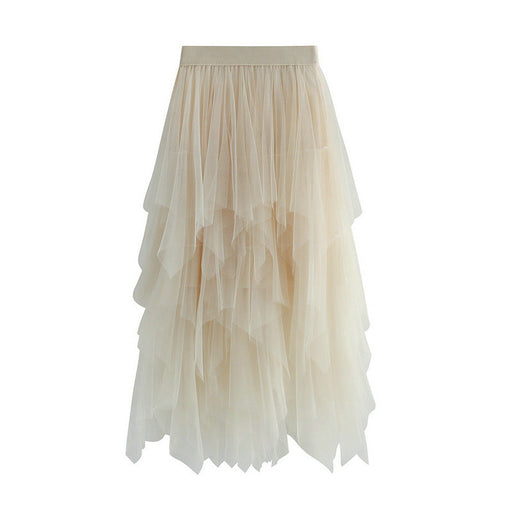 Color-Apricot-Autumn Clothing High Waist Super Fairy Slimming Bud Irregular Asymmetric Mesh Skirt Women-Fancey Boutique