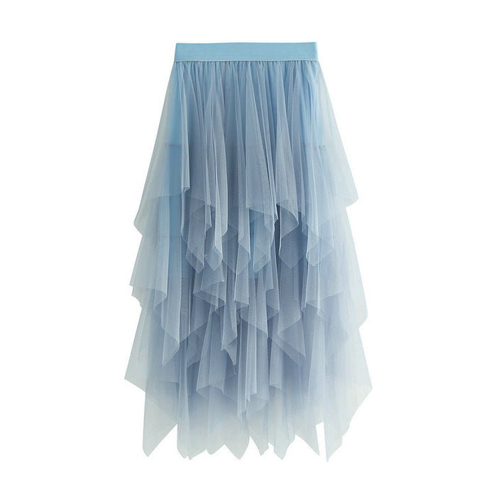 Color-Blue-Autumn Clothing High Waist Super Fairy Slimming Bud Irregular Asymmetric Mesh Skirt Women-Fancey Boutique